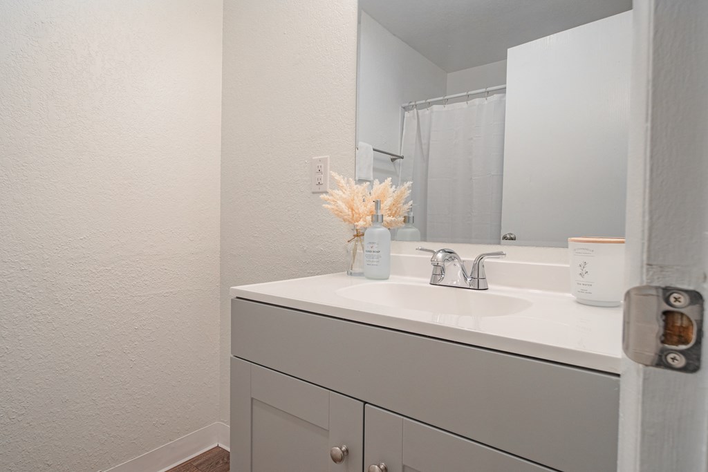 The Willows Apartments bathroom sink and grey cabinets