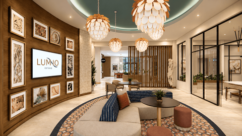 A modern interior space with a Lumo sign on the wall.