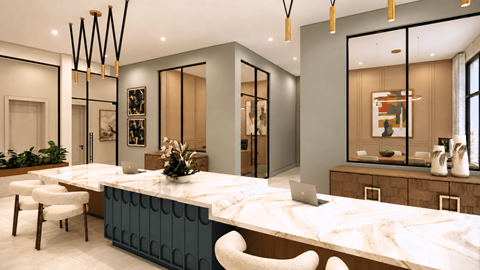 A modern kitchen with a marble countertop and white chairs.