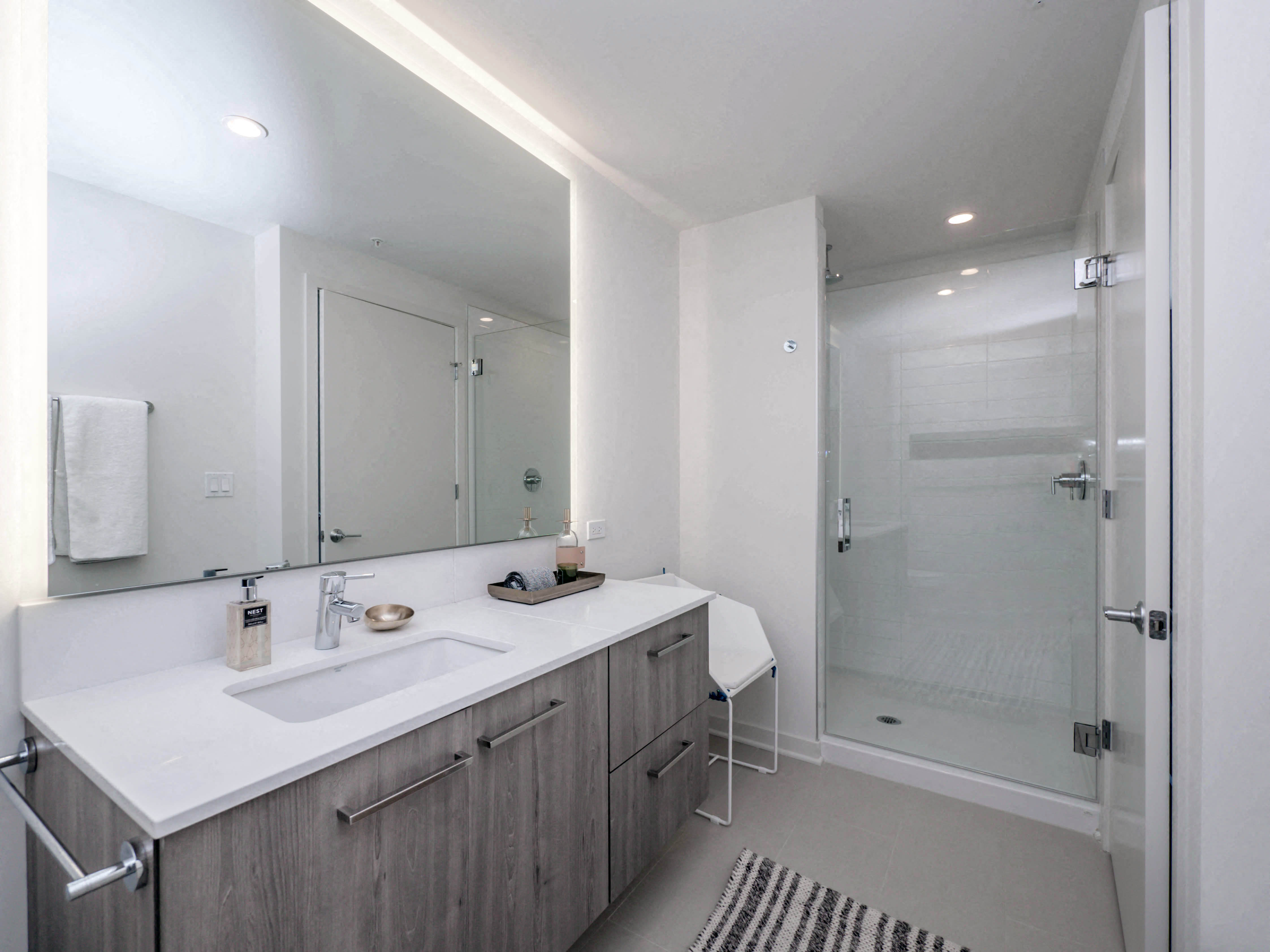 Luxury Two Bedroom Apartments in Chicago, IL - The Parker Fulton Market Apartments Large Bathroom with Tiled Showers, Quartz Vanity Counters, and Ample Counter Space