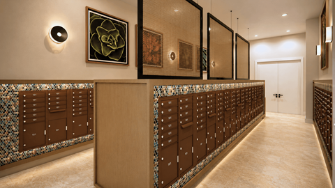 A hallway with a row of brown lockers on the wall.