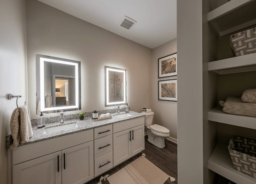 a bathroom with two sinks and a toilet and a mirror