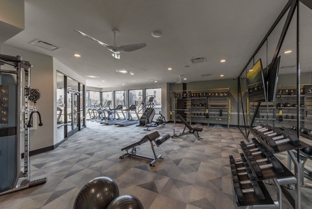 a gym with weights and other exercise equipment and a television