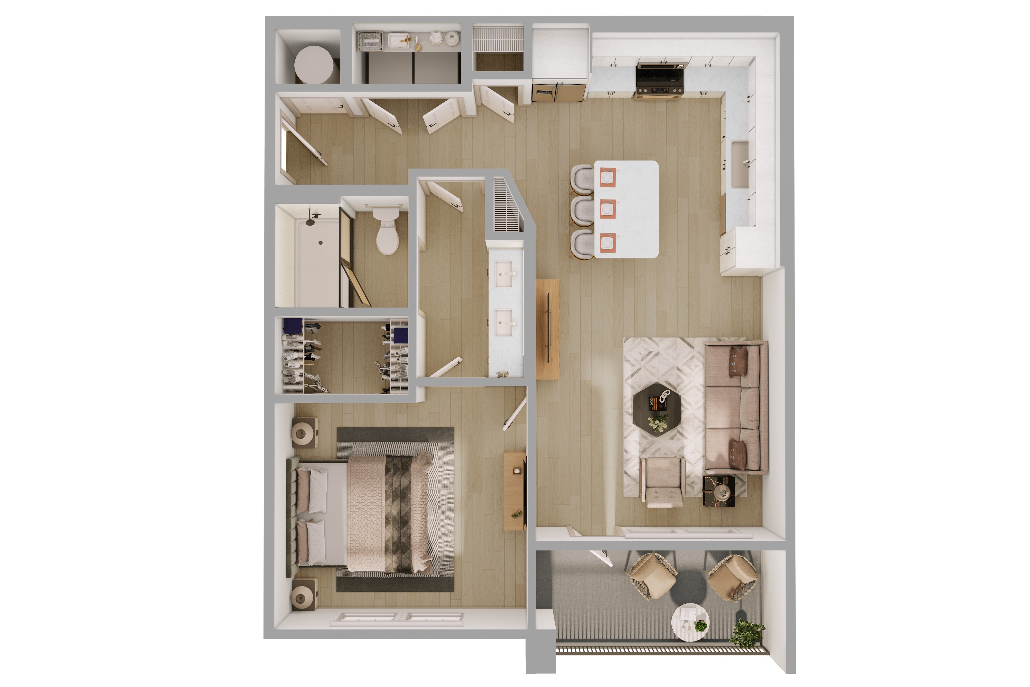 A1 Floor Plan in Scheme 2: White cabinets and light flooring