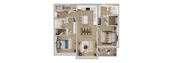B1 2 Bedroom Floor Plan in Scheme 2: White Cabinets and Lighter Flooring |  1141 Square Feet