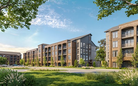 A row of modern apartment buildings are shown in the image.