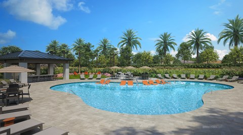 A large outdoor swimming pool surrounded by palm trees and lounge chairs.
