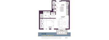 A floor plan for a studio apartment is shown with dimensions for each room.
