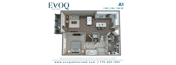 A floor plan for a 1 bedroom, 1 bathroom apartment at Evoq Johns Creek.