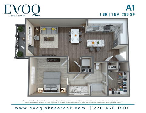 A floor plan for a 1 bedroom, 1 bathroom apartment at Evoq Johns Creek.