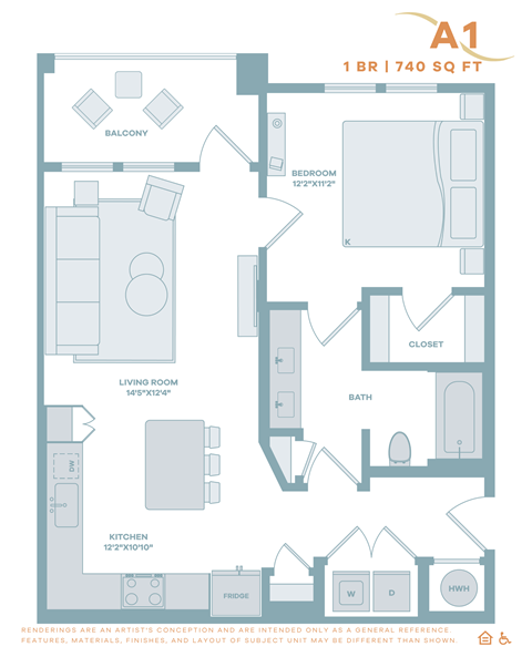 A drawing of a floor plan for a 1 bedroom apartment.