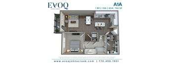 A floor plan for a 1 bedroom, 1 bathroom apartment at EVOQ Johns Creek.