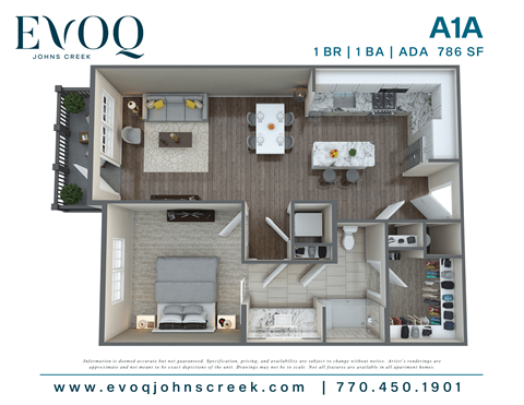 A floor plan for a 1 bedroom, 1 bathroom apartment at EVOQ Johns Creek.