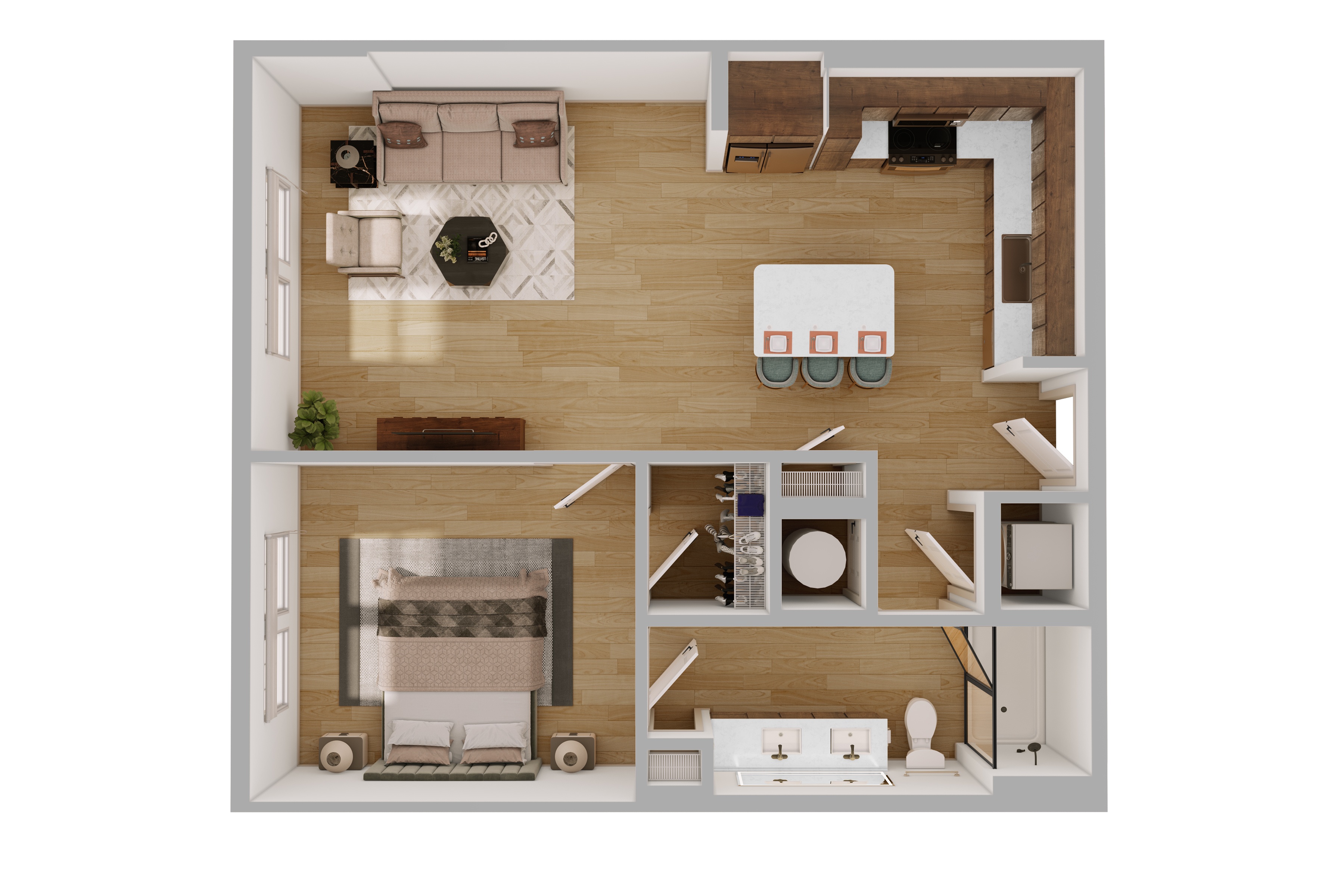 A2 Floor Plan in Scheme 1: Wooden Cabinets and Darker Flooring | 750 Square Feet