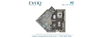 A 3D floor plan of a one bedroom apartment in the EVOQ Johns Creek development.
