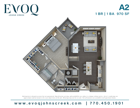 A 3D floor plan of a one bedroom apartment in the EVOQ Johns Creek development.