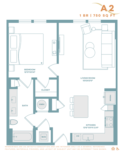 A 2 bedroom apartment is 1 BR and 750 sq ft.