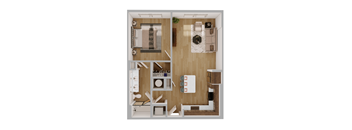 A2 Floor Plan in Scheme 1: Wooden Cabinets and Darker Flooring | 750 Square Feet