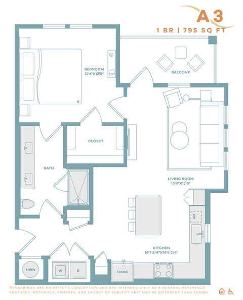 A 3 bedroom apartment with a living room, kitchen, bathroom, and closet.