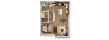 A detailed 3D floor plan of a small apartment with a kitchen, living room, and bathroom.