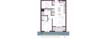 A floor plan of a one bedroom apartment with den is shown.