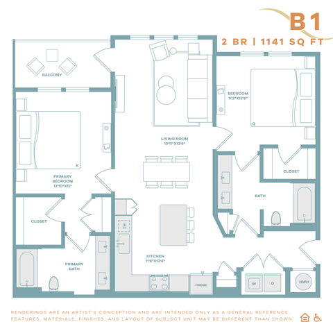 A floor plan of a 2 bedroom, 1 bathroom apartment.