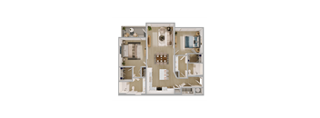 B1 2 Bedroom Floor Plan in Scheme 2: White Cabinets and Lighter Flooring |  1141 Square Feet