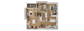 B2 2 Bedroom Floor Plan in Scheme 1: Wood Cabinets and Darker Flooring |  1199 Square Feet