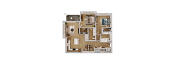 B2 2 Bedroom Floor Plan in Scheme 1: Wood Cabinets and Darker Flooring |  1199 Square Feet