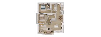 B3 2 Bedroom Floor Plan in Scheme 2: White Cabinets and Lighter Flooring |  1277 Square Feet