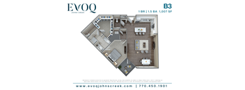 A floor plan for a 1 BR apartment at EVOQ Johns Creek.