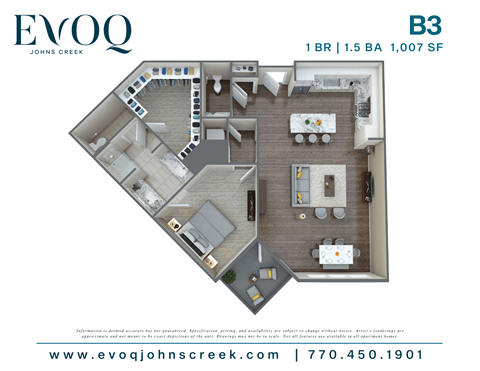 A floor plan for a 1 BR apartment at EVOQ Johns Creek.