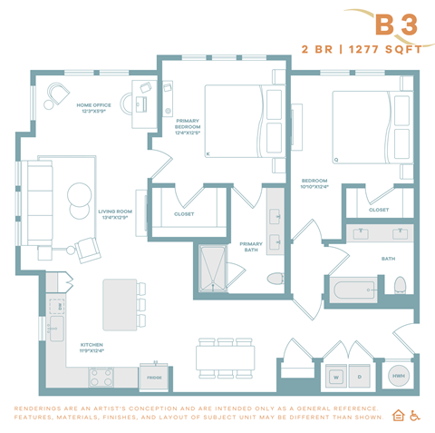 A floor plan of a 2 bedroom, 1 bathroom apartment.
