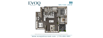 A floor plan for a 1 BR apartment at EVOQ Johns Creek.
