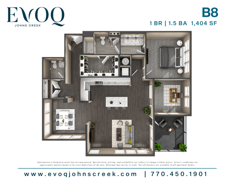 A floor plan for a 1 BR apartment at EVOQ Johns Creek.