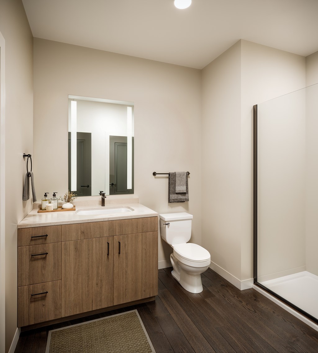 High-end bathroom with front-lit mirrors and glass showers.