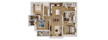 C1 3 Bedroom Floor Plan Shown in Scheme 1: Wood Cabinets and Darker Flooring. Balcony Included |  1338 Square Feet