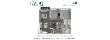 A floor plan for a 2 bedroom, 2 bathroom apartment at Evoq Johns Creek.