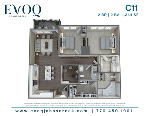 A floor plan for a 2 bedroom, 2 bathroom apartment at Evoq Johns Creek.