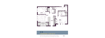 A floor plan of a 2 bedroom apartment sized at 1,048 square feet.