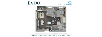 A floor plan for a 2 bedroom, 2 bathroom apartment at EVOQ Johns Creek.