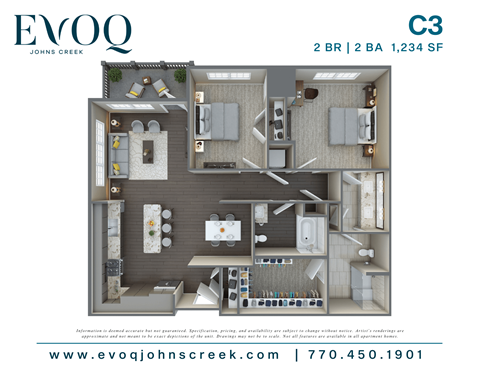A floor plan for a 2 bedroom, 2 bathroom apartment at EVOQ Johns Creek.