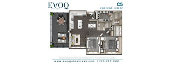 A floor plan for a property by EVOQ Johns Creek shows a 2 bedroom, 2 bathroom apartment.