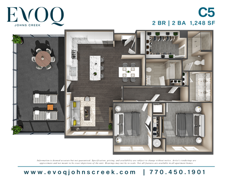 A floor plan for a property by EVOQ Johns Creek shows a 2 bedroom, 2 bathroom apartment.