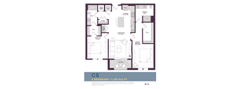 A floor plan of a 2 bedroom apartment sized at 1,129 square feet.