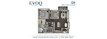 A floor plan for a 2 bedroom, 2 bathroom apartment at EVOQ Johns Creek.