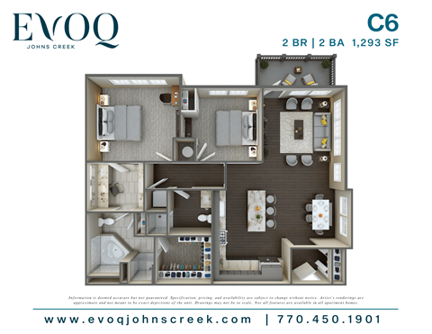 A floor plan for a 2 bedroom, 2 bathroom apartment at EVOQ Johns Creek.