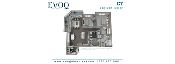A floor plan for a 2 bedroom, 2 bathroom apartment at EVOQ Johns Creek.