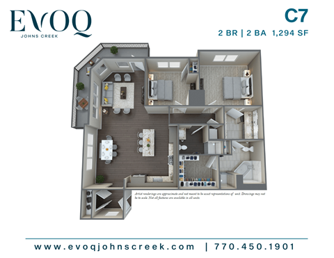 A floor plan for a 2 bedroom, 2 bathroom apartment at EVOQ Johns Creek.