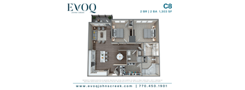 A floor plan of a 2 bedroom, 2 bathroom apartment at 1,303 SF.